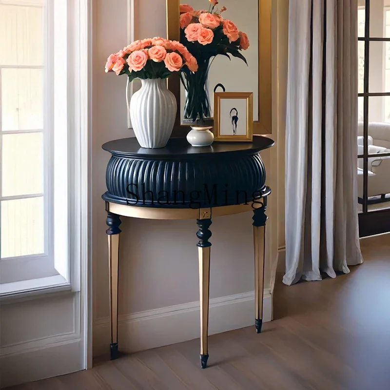 خزانة مدخل من الخشب الصلب ZYY، طاولة شبه مستديرة، طاولة مدخل مدخل سوداء من القرون الوسطى، ديكور طاولة جانبية لغرفة المعيشة #1