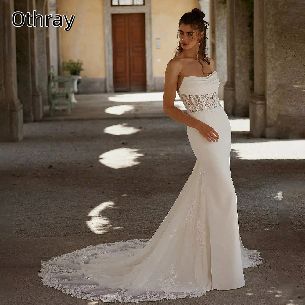 Othray Modern Strapless Lace Mermaid Wedding Dresses Buttons Sweep Train Custom Made Bridal Grown Vestido De Noival