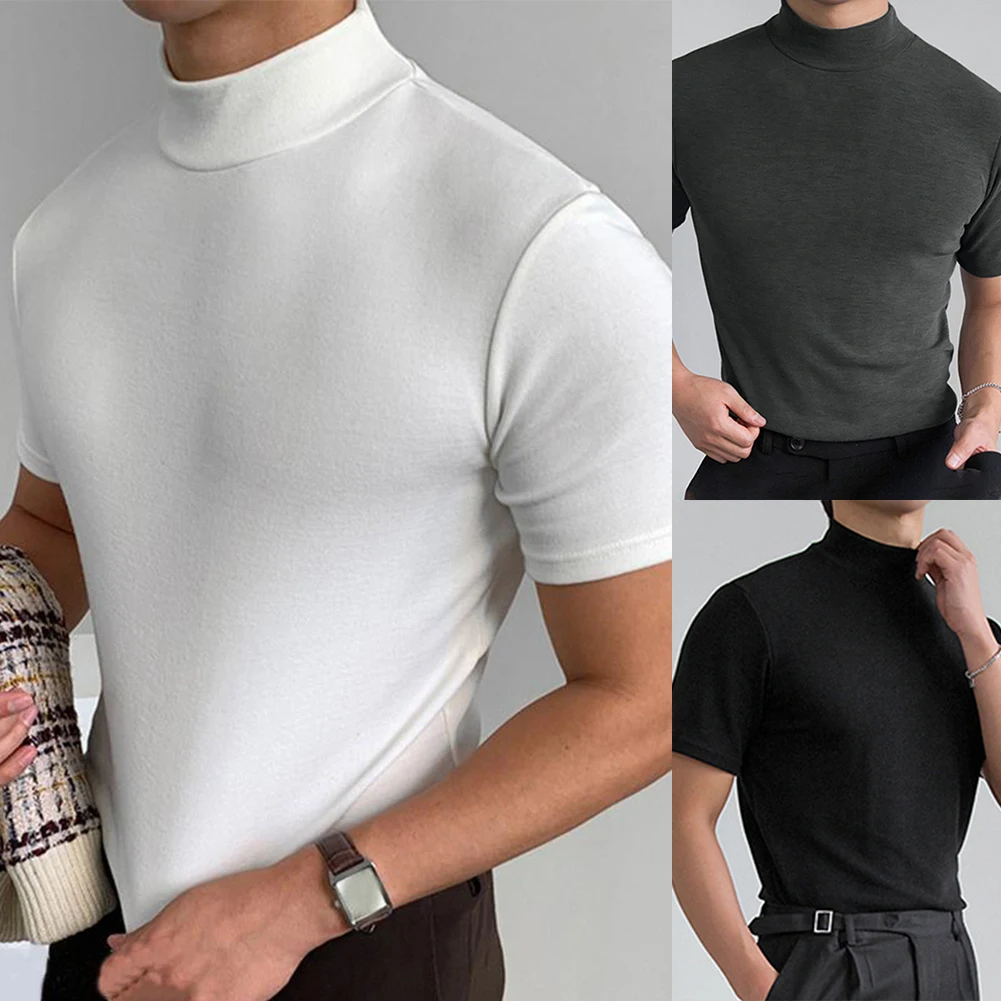 Fashion Summer Man T-Shirts Basic Slim Fit Muscle Solid Color Turtleneck Short Sleeve Tee Tops Clothing T Shirt For Men