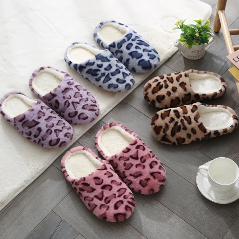 

Winter Warm Fur Slippers Leopard Print Soft Indoor Floor Slides Bedroom Household Non Slip House Slippers For Men Women