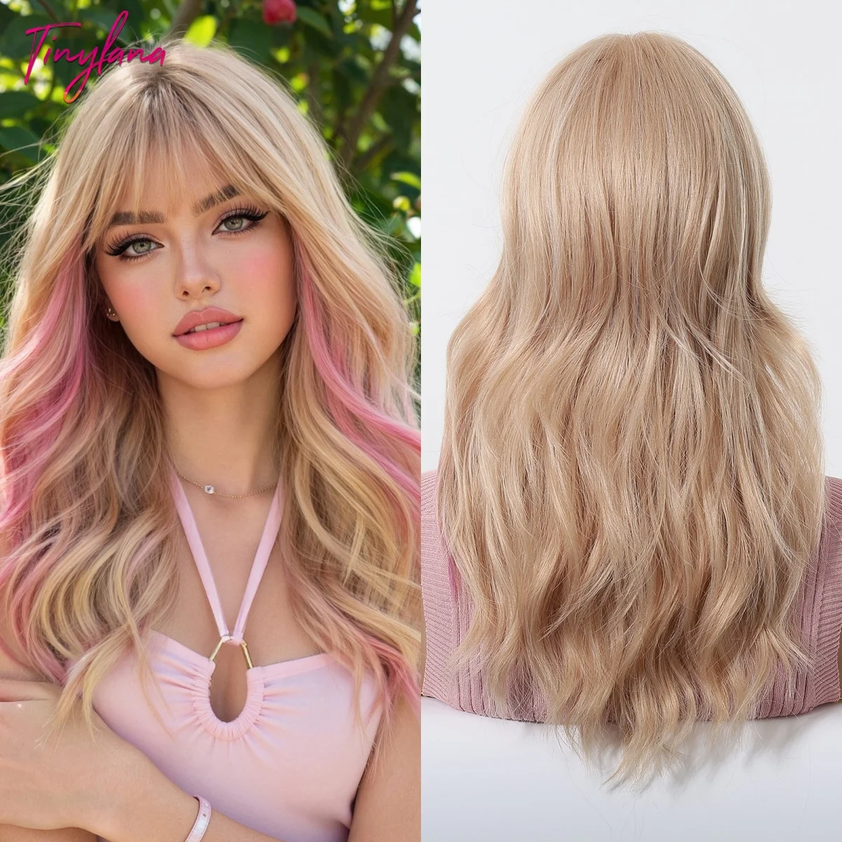 Tiny LANA Summer New Long Wavy  Ombre Blonde Pink Wig with Bangs Blonde with Pink Highlights Synthetic Wig Heat Resistant
