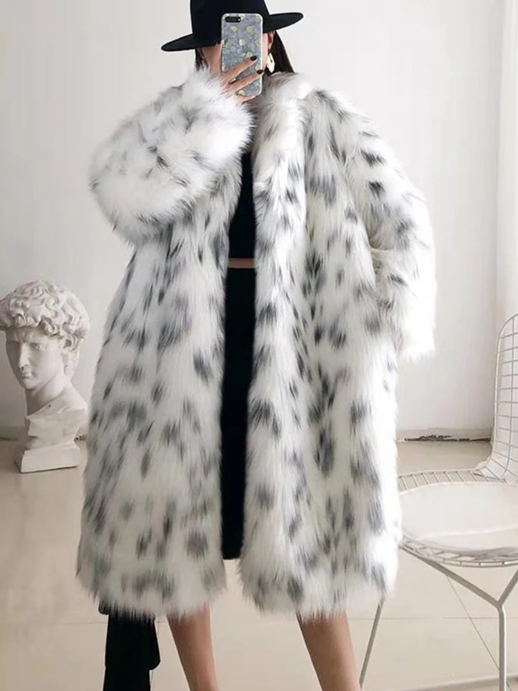 Zadorin Nieuwe Winter Koreaanse Mode Pluizige Warme Faux Fur Jas Vrouwen Revers Lange Elegante Witte Luipaard Faux Nertsen Bontjas jassen