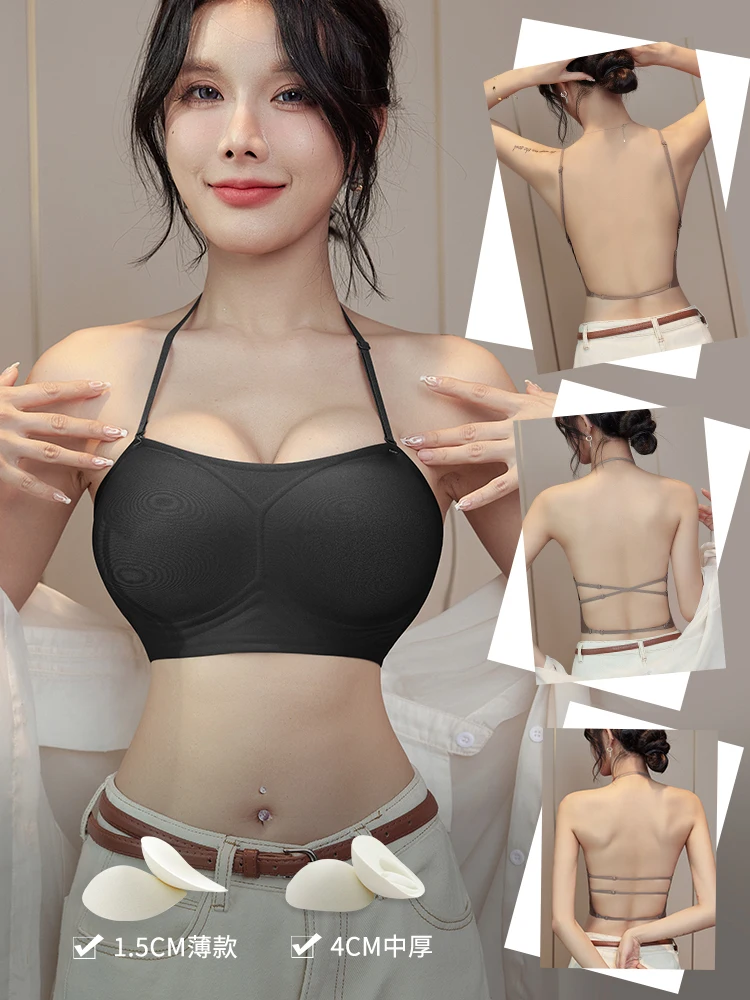 MOYISU حمالة صدر بدون ظهر ورقبة رسن على شكل حرف U وظهر عميق مبطن للصدر الصغير، حمالة صدر صيفية لاصقة غير مرئية بدون حمالات