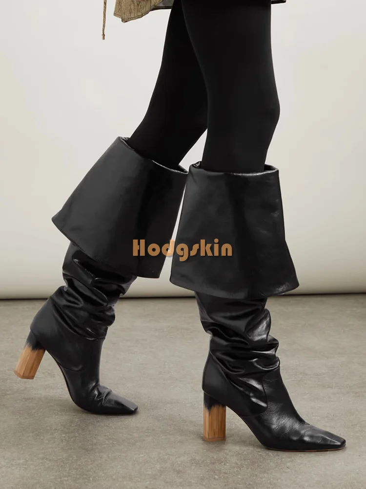 Bohemian Square Toe Boots Solid Retro Turned-over-Edges Gradient Wooden High Heels Boots Slip-on 2025 Women's New Fashion Shoes