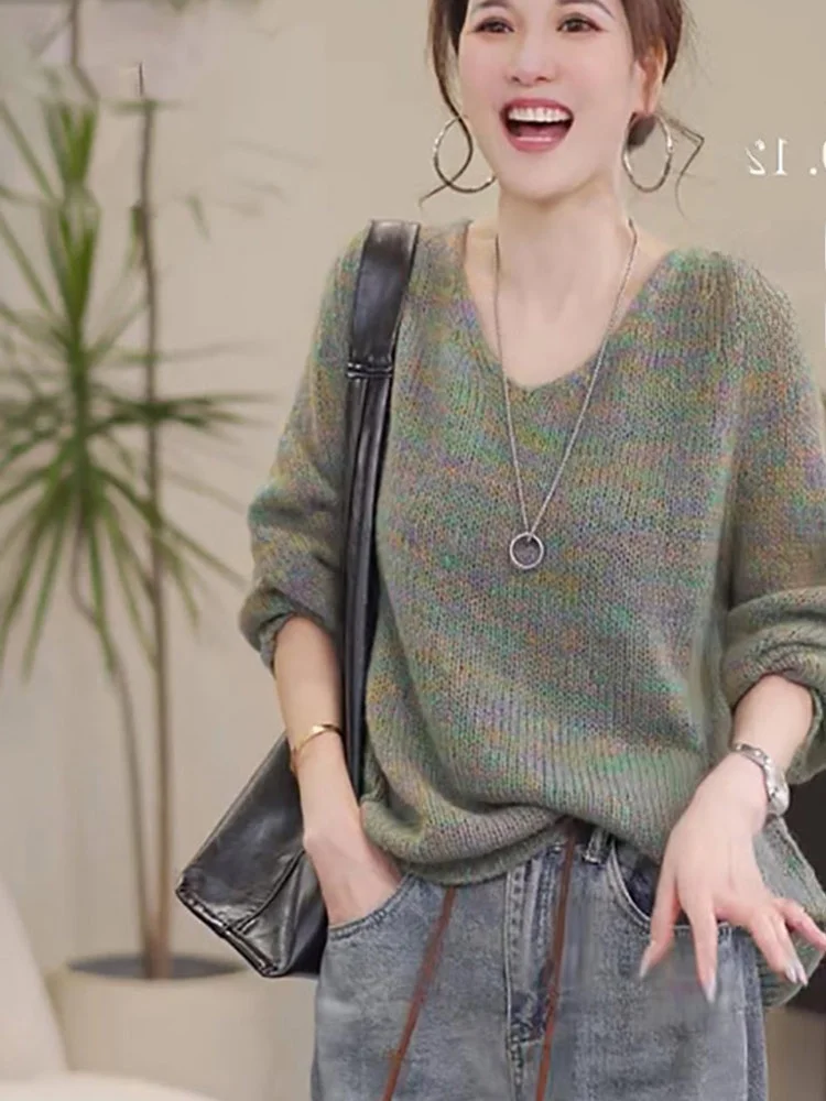 سترة كورية Sle Lazy Faion سترة محبوكة شبابية طويلة Sve غير رسمية فضفاضة على شكل حرف V ملابس تريكو نسائية #2