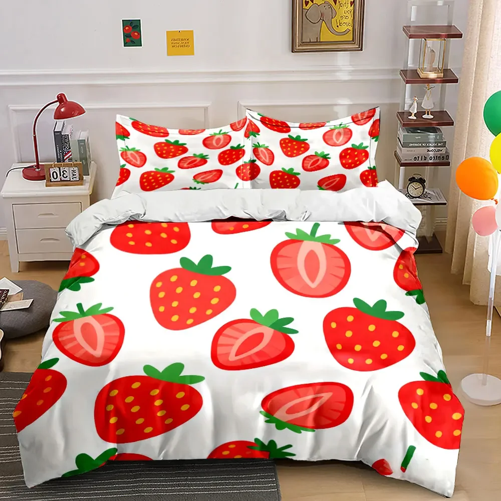Strawberry Pattern Three-Piece Set Soft Comfortable Duvet Cover Bedding Set Included 1*Duvet Cover & 2*Pillowcases, gift