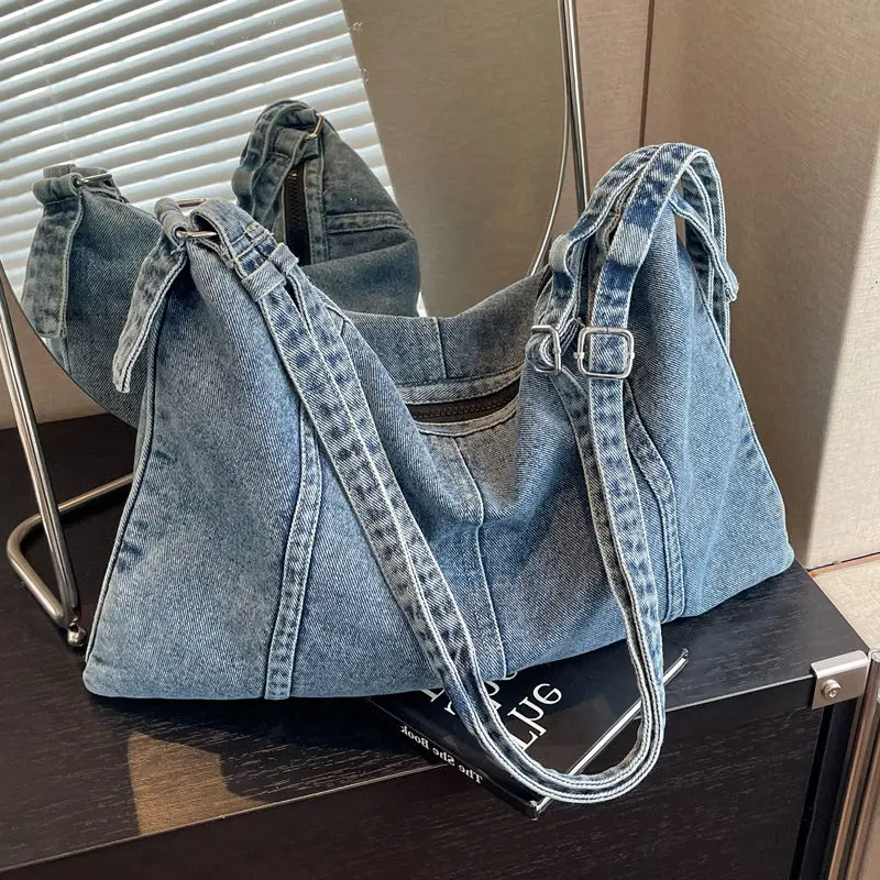 Denim Shoulder Bags for Women Soft Hobos Handbag with Zipper Female Foldable Crossbody Purse Female Travel Bag in Blue Black
