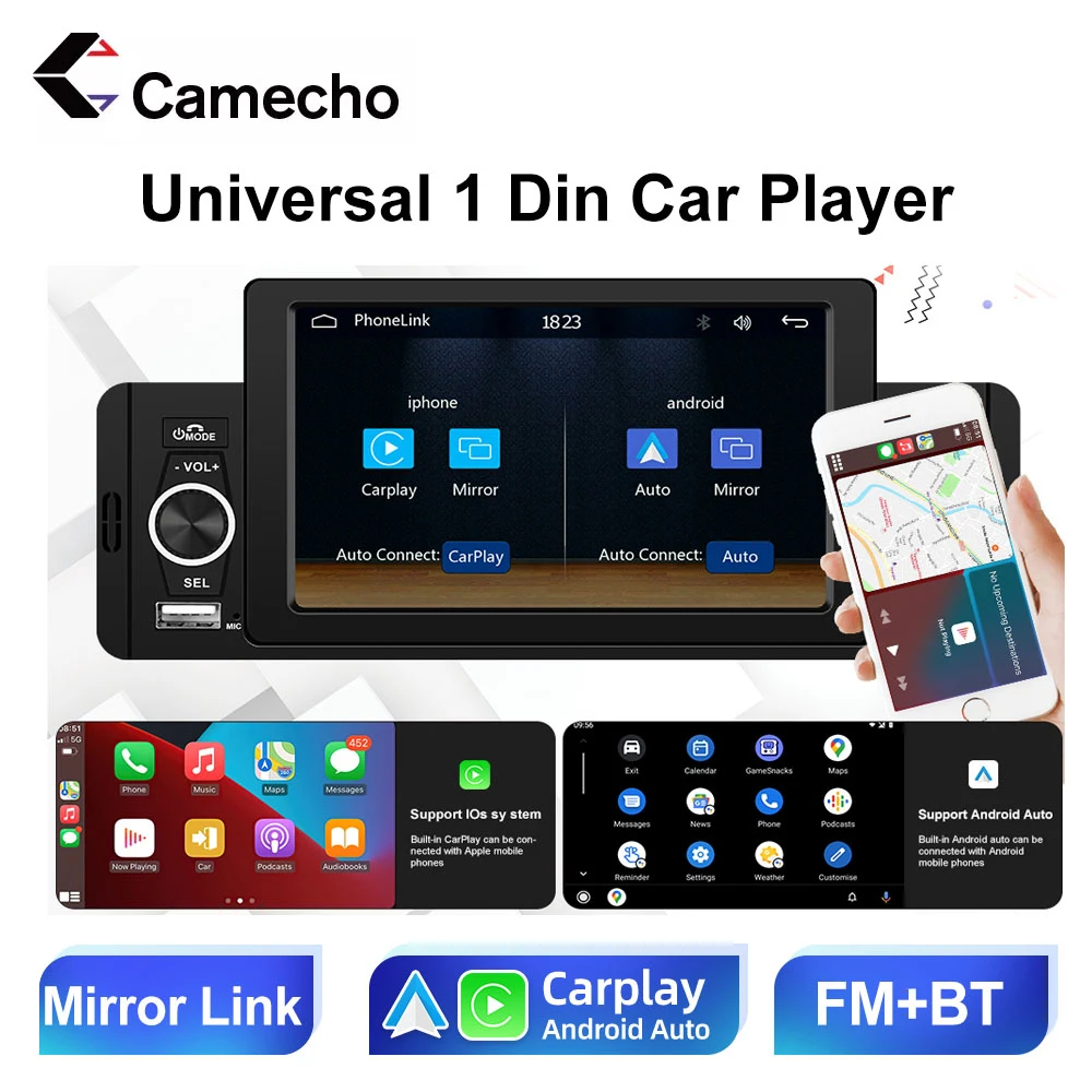 

Camecho 1 Din Car MP5 Radio Multimedia Receiver Monitor Universal Support Android Auto Carplay BT FM Rear Camera Mirror Link