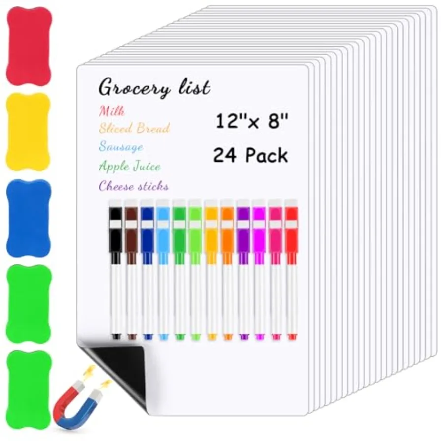 

24 Pack Magnetic Dry Erase Board Sheet for Fridge, 12x8 Erasable Refrigerator WhiteBoard with 24 Markers and 5 Eraser for Organ