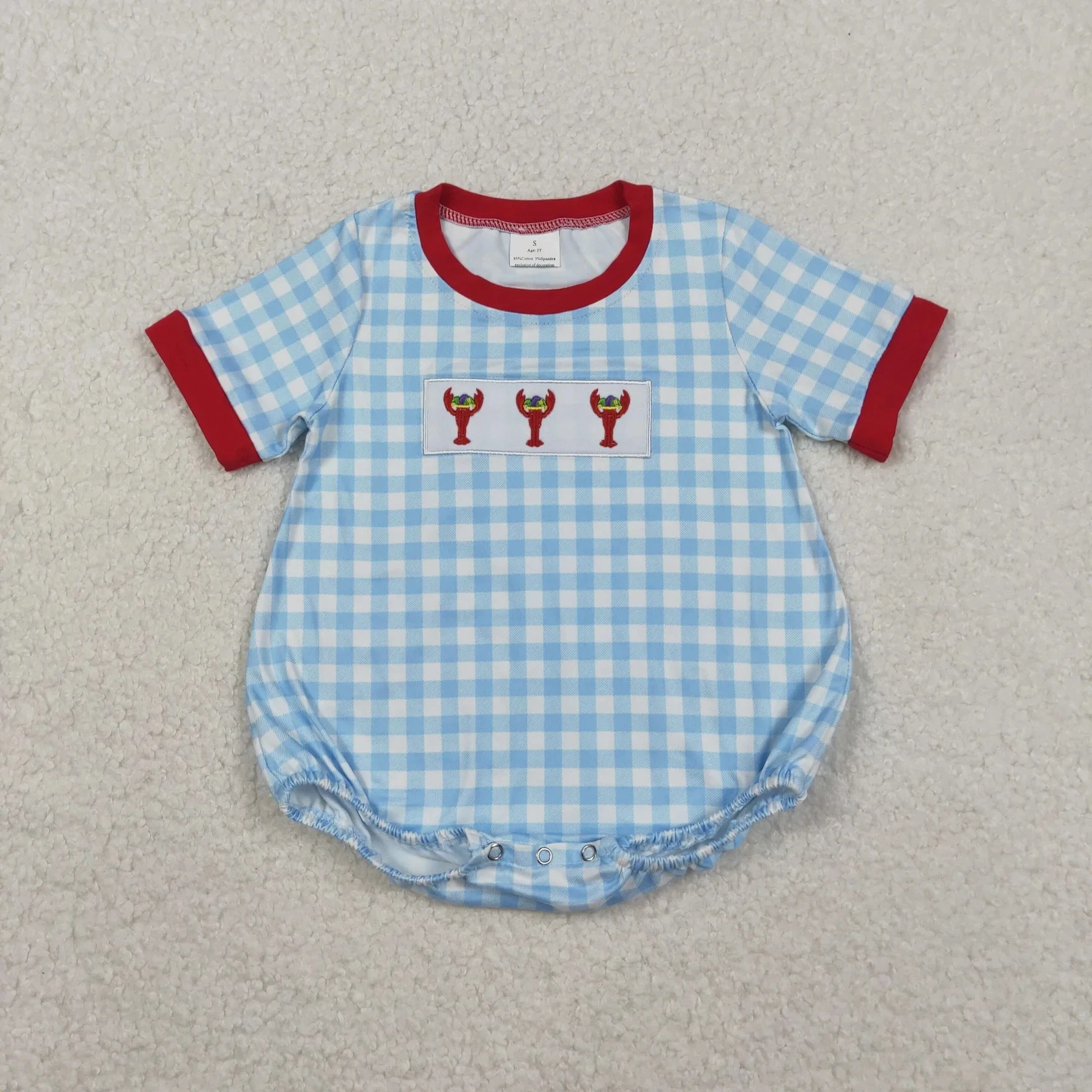 

Wholesale Kids Children Mardi Gras Clothes Newborn Toddler Embroidery Crawfish Plaid Baby Boy Blue Plaid Romper Infant Jumpsuit