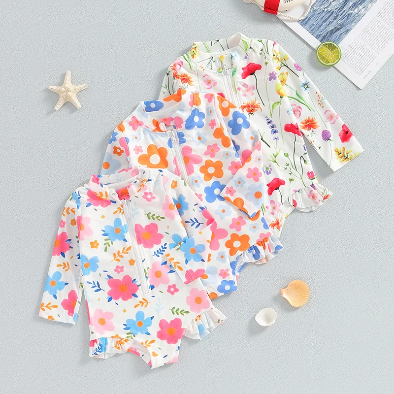 

Children Kids Baby Girl Rash Guard Swimsuits Summer Floral Print Zipper Long Sleeve Swimwear Toddler Bathing Suits Beachwear