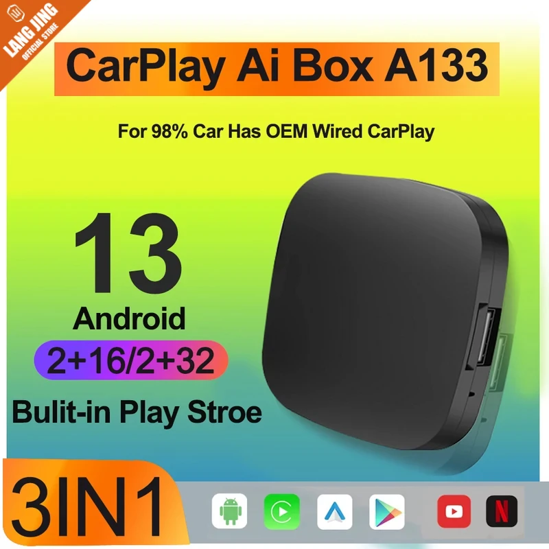 LANGJING 2024 Android 13 Smart CarPlay Ai Box Wired To Wireless CarPlay Auto For Netflix For YouTube GPS 5GWiFi