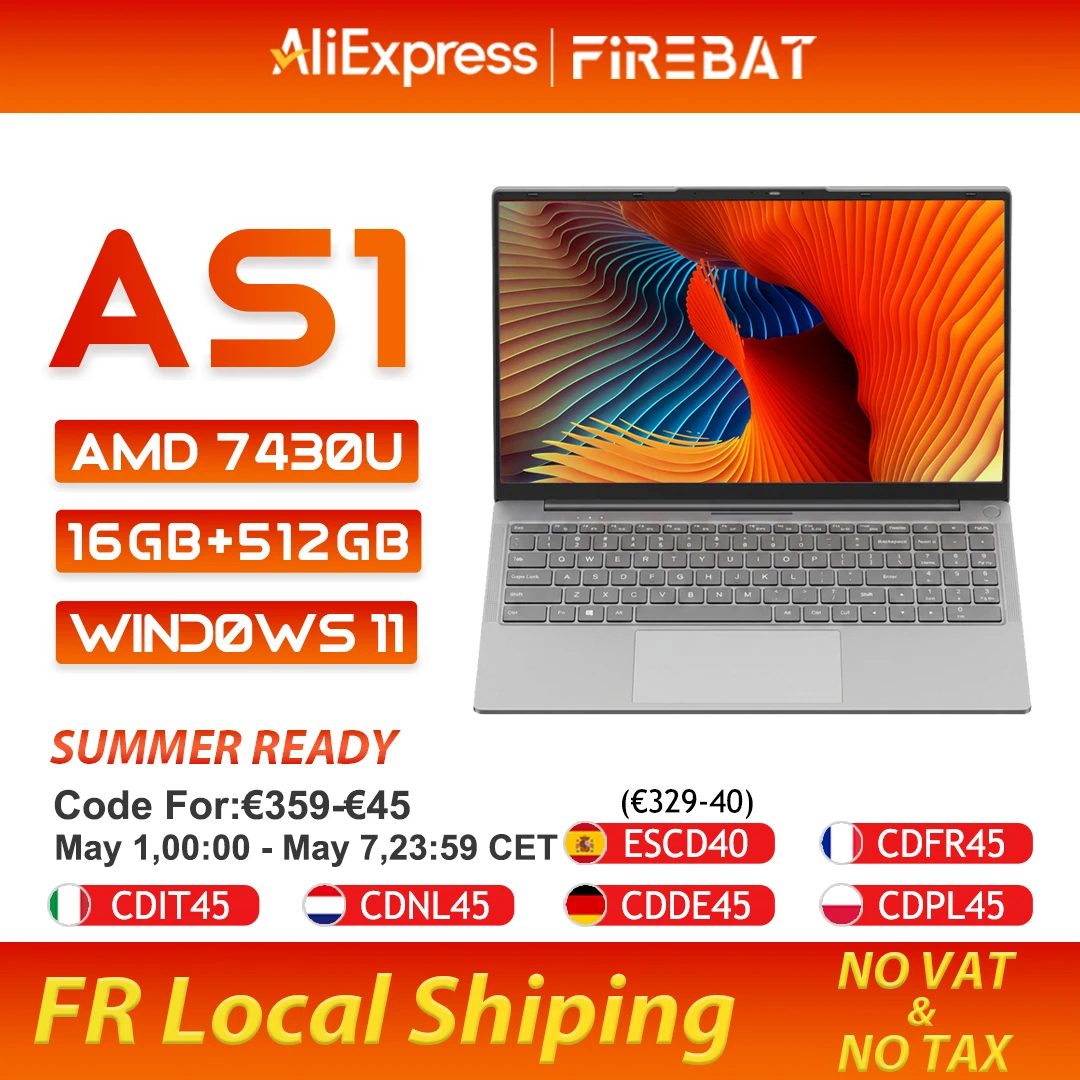 Firebat Laptop AS1 AMD R5 7430U 16GB DDR4 512GB SSD 15,6 Zoll IPS Windows 11 Type-C WIFI6 Notebook mit hintergrundbeleuchteter Tastatur in voller Größe
