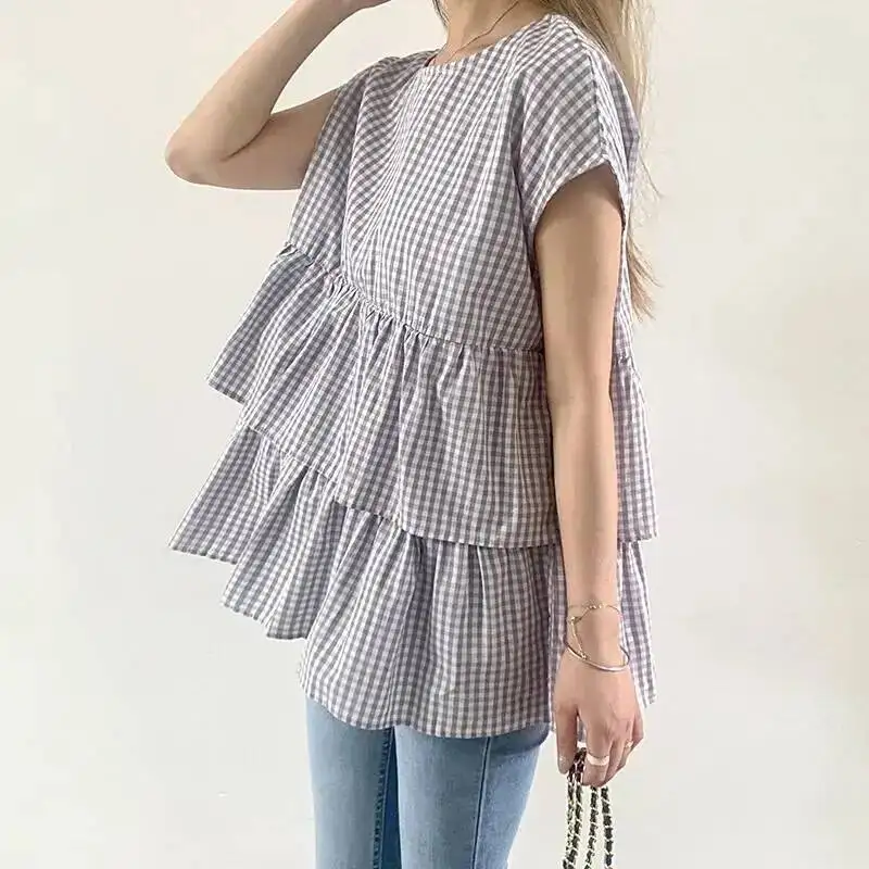 

Shirt Sleeve New Short for Women Summer High-end Loose Fit Solid Color Round Neck Versatile Casual Ruched Ruffle