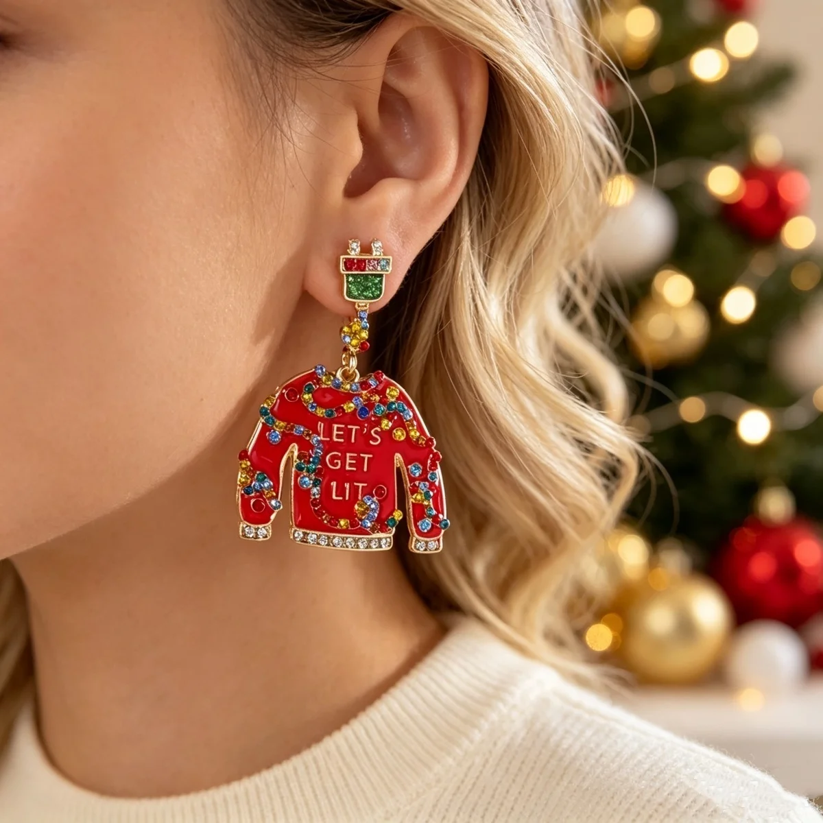 Bunte Strass-Weihnachtspullover-Geschenkbox-Ohrhänger für Damen, Weihnachts-Schneeflocken-, Schlittschuh-, Glühbirnen- und Haus-Ohrringe, Schmuck – Detail 10