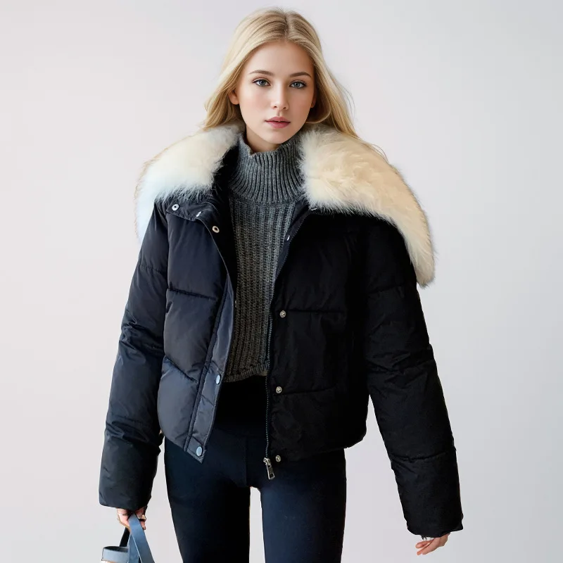 Damska zimowa kurtka z panelami, ocieplana, jednorzędowa, z kołnierzem z wełny jagnięcej, minimalistyczna góra dla kobiet.