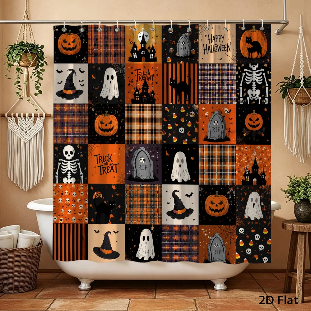 New in 2026 1pc Halloween Bath Shower Curtain Orange Pumpkin Ghosts Skeletons Witch Hat Plaid Design Polyester Fabric Bathroom Decor Tub Divider Curtain 70.8X70.8 Inch with Hooks