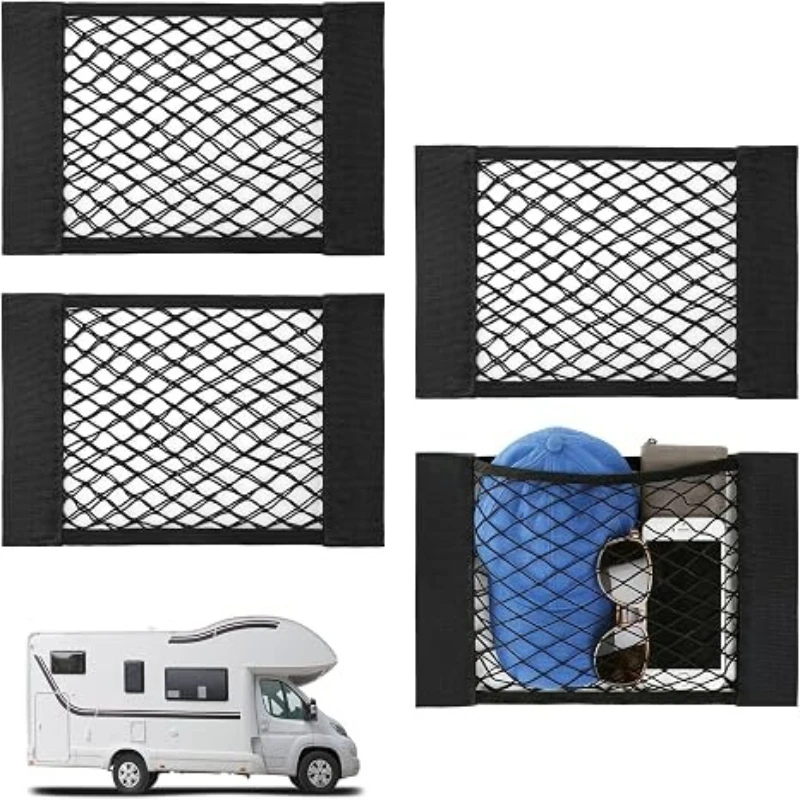 Car Storage Net Bag with Tape Stickers, Adhesive Mesh Pocket Net String Pouch Bag, Stretchable RV Storage Netting for Storage