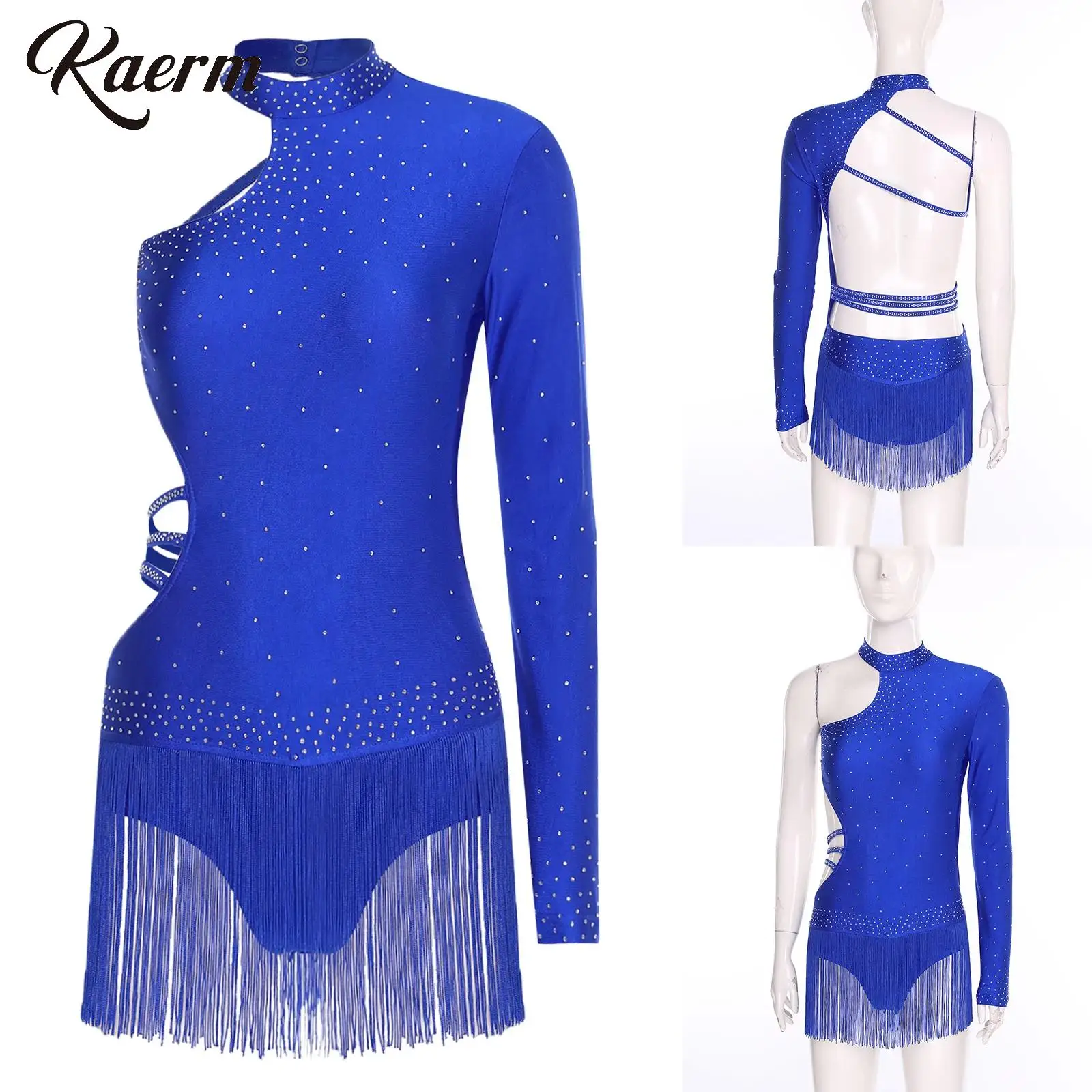 Body da ballo latino jazz da donna, costume da ballerina a maniche lunghe singola con design senza schienale e body da salsa con nappe