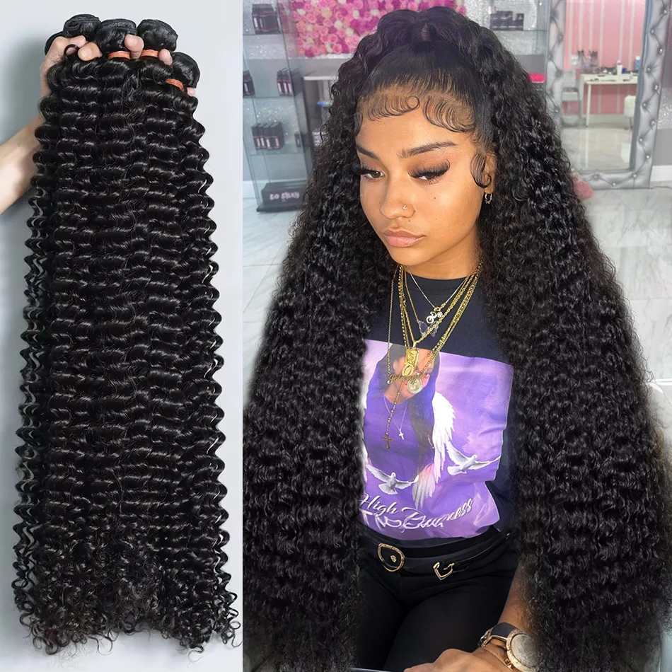 28 30 32 Inch Deep Wave Human Hair Bundles Curly 3/4pcs Bundles Human Hair Raw Hair Bundles Human Hair Extensions Double Weft