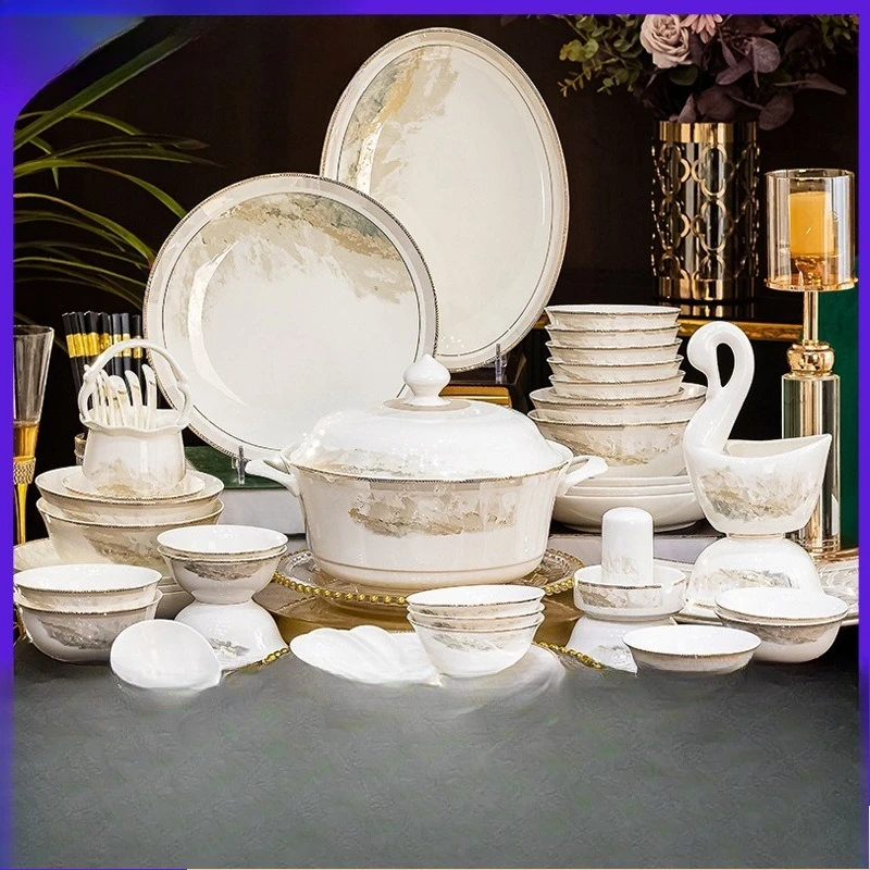 Ceramic dishes set Household housewarming gift high-end Chinese bone china tableware combination