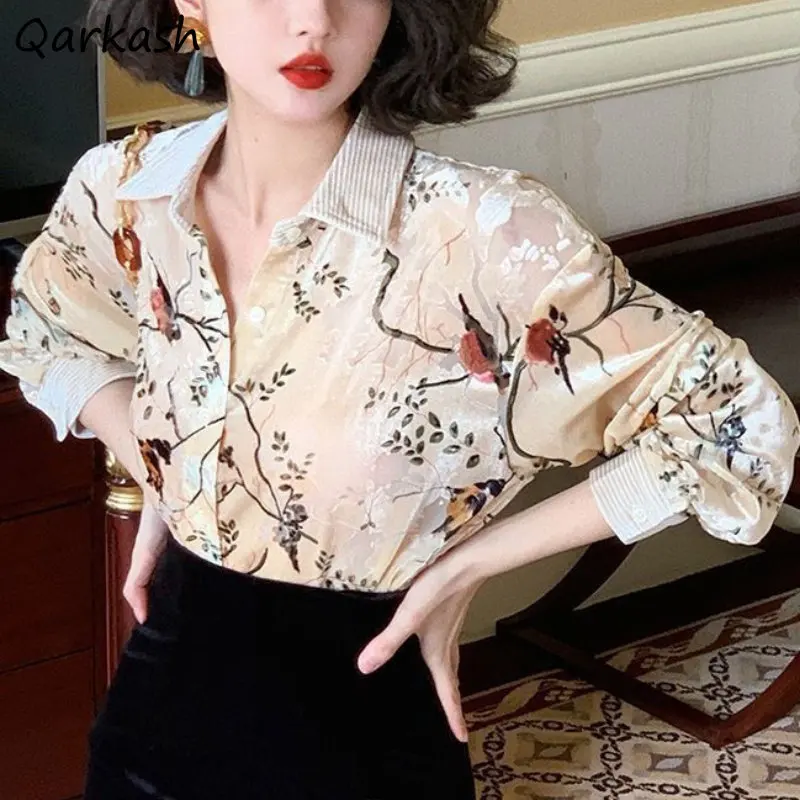 Print Shirts Women Clothing Spliced Temper Vintage French Aesthetics Long Sleeve Camisas Designer High Street Elegant Ladies Ins