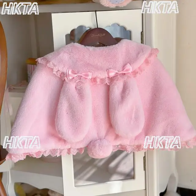 귀여운 로리타 숏 자켓 여성용 스윗 큐트 만화 가을 신상 인형 칼라 레이스 리본 핑크 울 케이프 코트