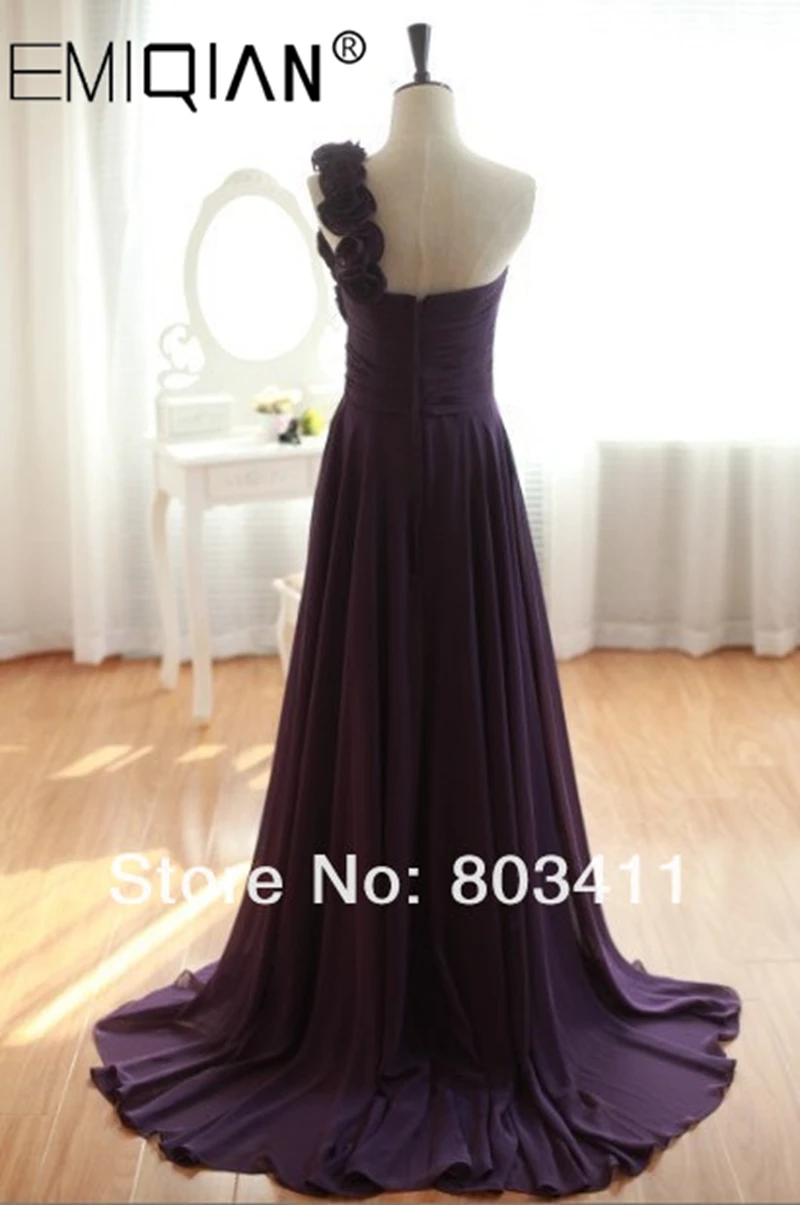 Real Pictures One Shoulder Hand Made Flowers Sweep Train Bridesmaid Dress Purple Chiffon Evening Gown