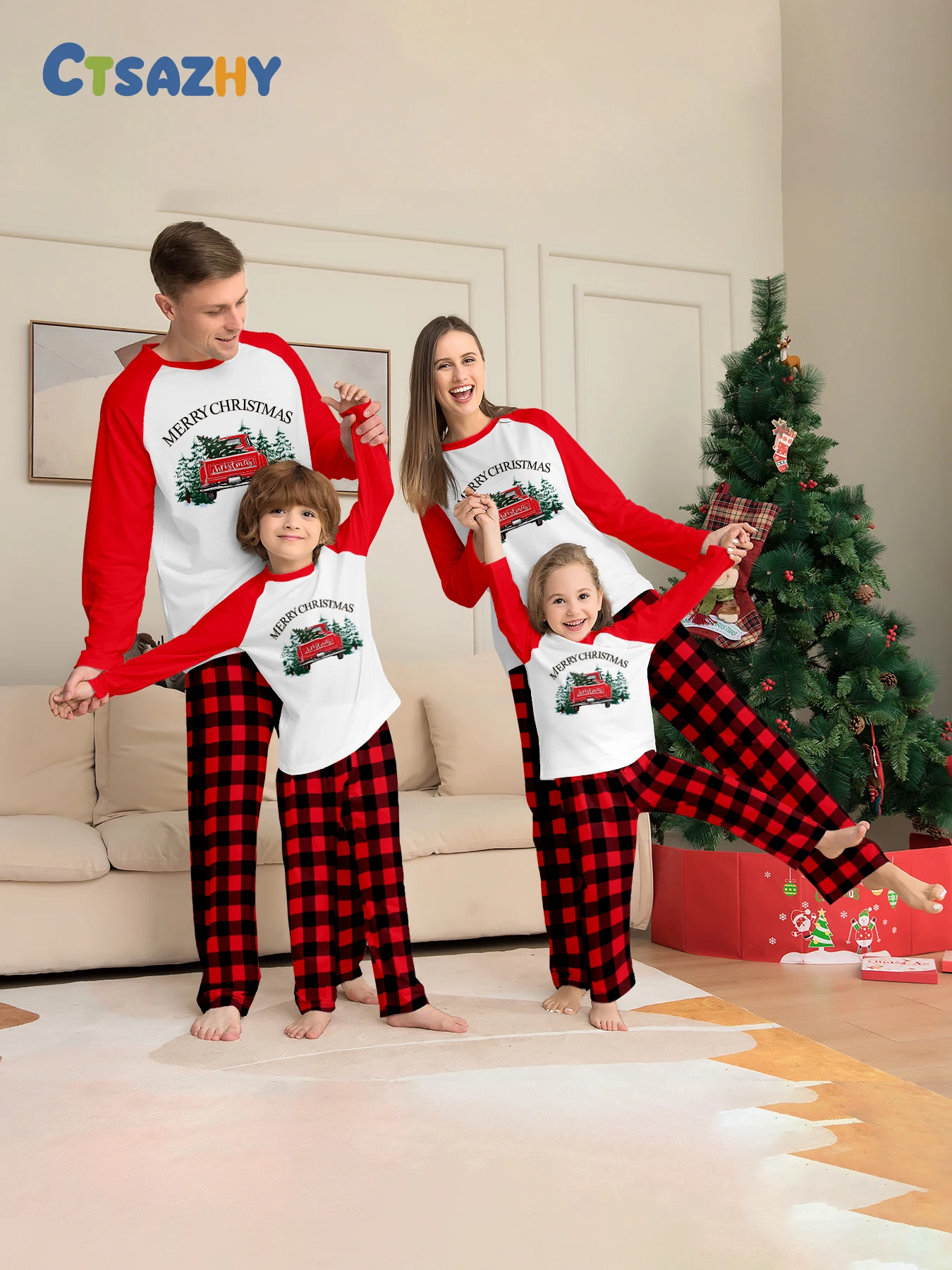 

Parent - Child Christmas Pajamas Set - Color - Blocked Tops & Plaid Pants, Christmas Truck Prints