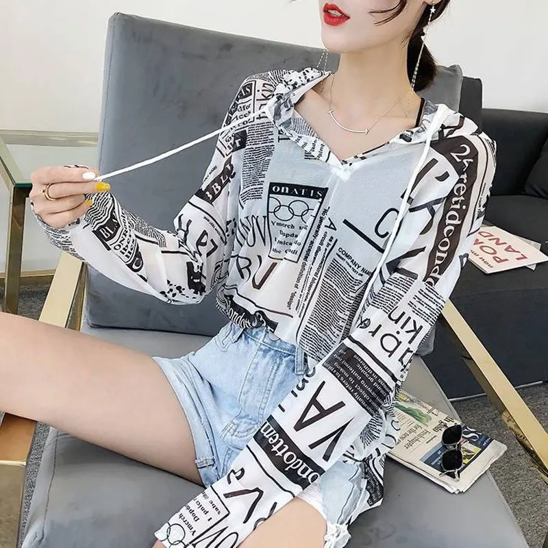 High Street Fashion Letter Printed Blouse Spring Summer New Thin Casual Hooded Drawstring Women\'s Clothing Backless Split Shirt