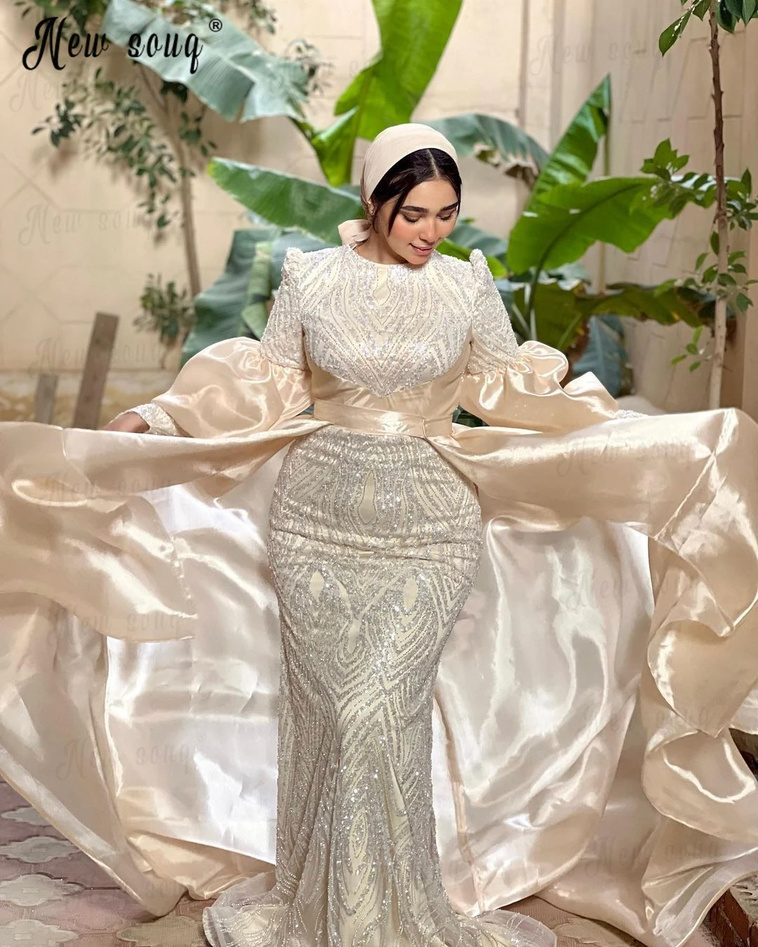 Middle East Muslim Evening Dress Light Champagne Long Sleeve Dubai Wedding Party Gowns Plus Size Custom Made Prom Night Gowns