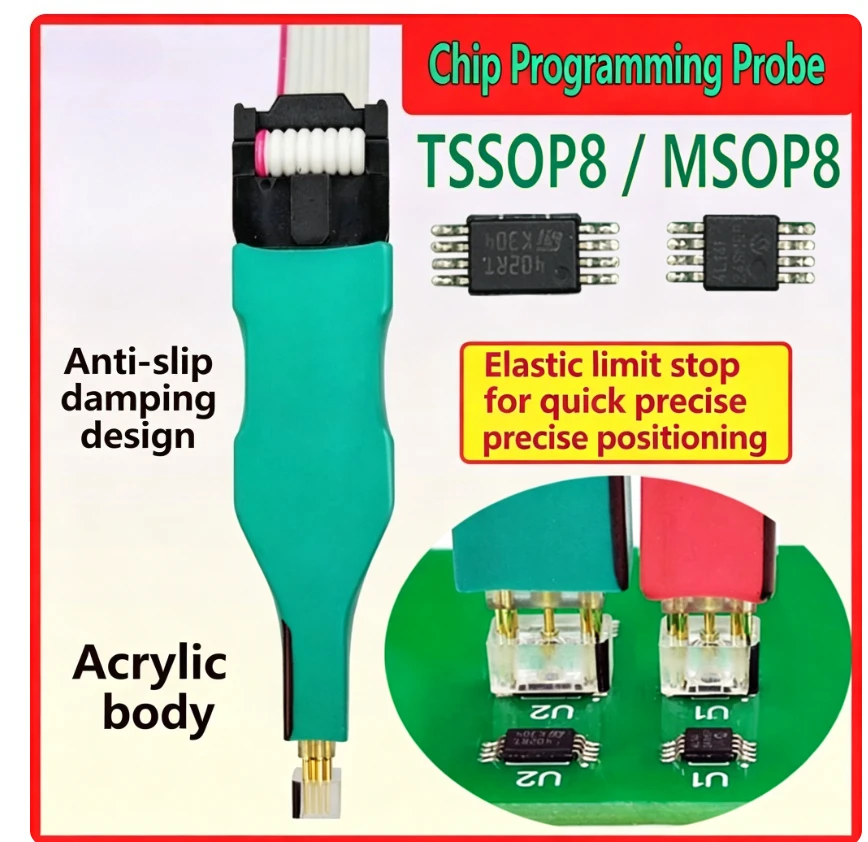Программатор TSSOP8/MSOP8: тестовый зонд для чтения/записи, кабель для программирования и пого-пин для загрузки программ из приборных панелей автомобилей
