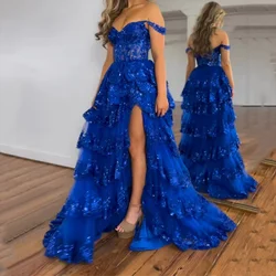RFYR-vestido de fiesta azul real con purpurina, exquisito vestido de fiesta con capa escalonada, abertura alta y hombros descubiertos, personalizado