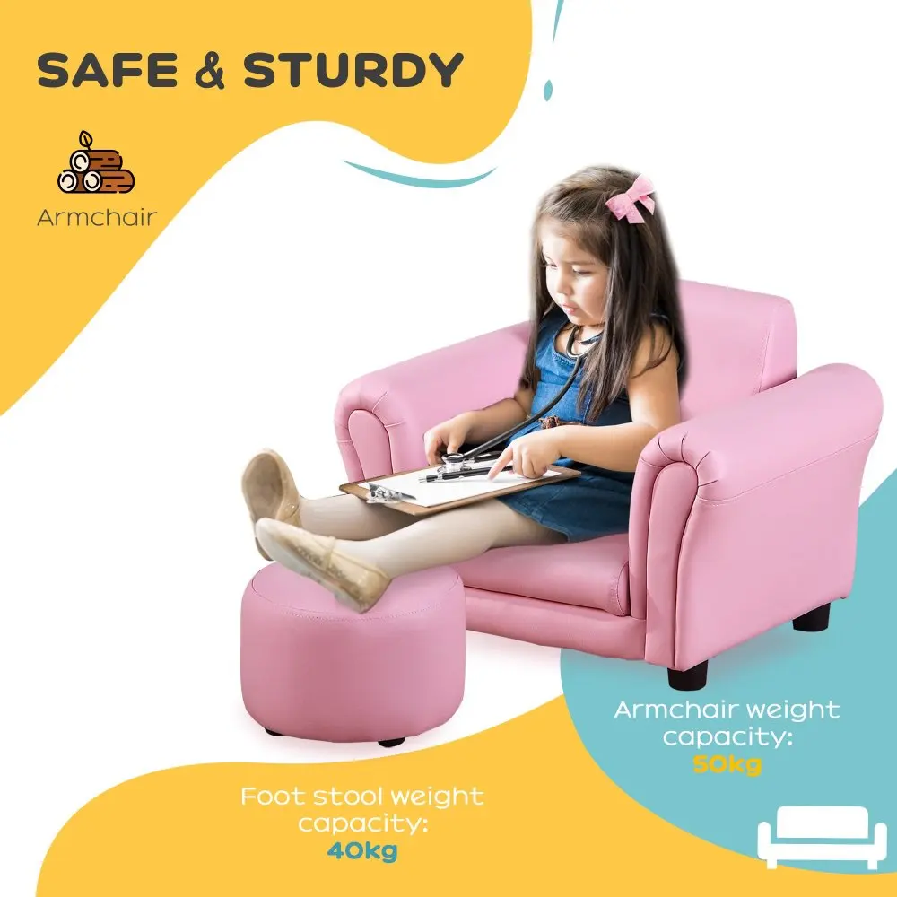 Kids Sofa Set with Footstool, Upholstered Armchair for Kids 18M+, Baby Sofa for Playroom, Children's Bedroom, Nursery Room, Pink