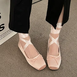 Luxury  Lace Tie Leg Satin Silk Ballet Flats Woman Square Toe Bowknot Elastic Band Ballerinas Ladies Wedding  Floral Shoes