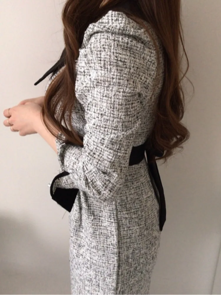 فستان نسائي أنيق جديد لفصل الخريف، تصميم ضيق من التويد على شكل حرف A، تنورة طويلة بطراز عتيق وأكمام سبعة