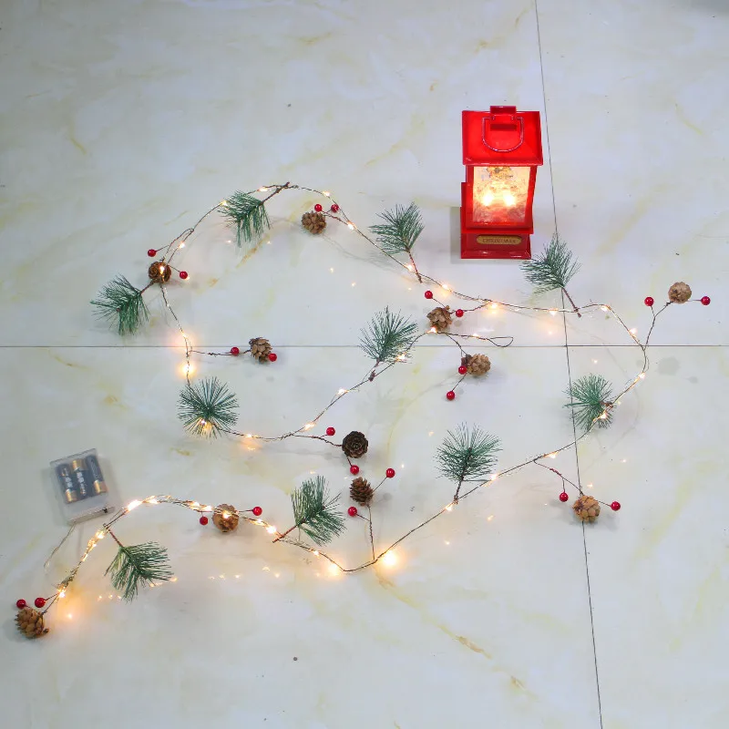 1pc Decorative lamp beads Christmas Day indoor window balcony pine needle red fruit lamp string LED copper wire warm white light