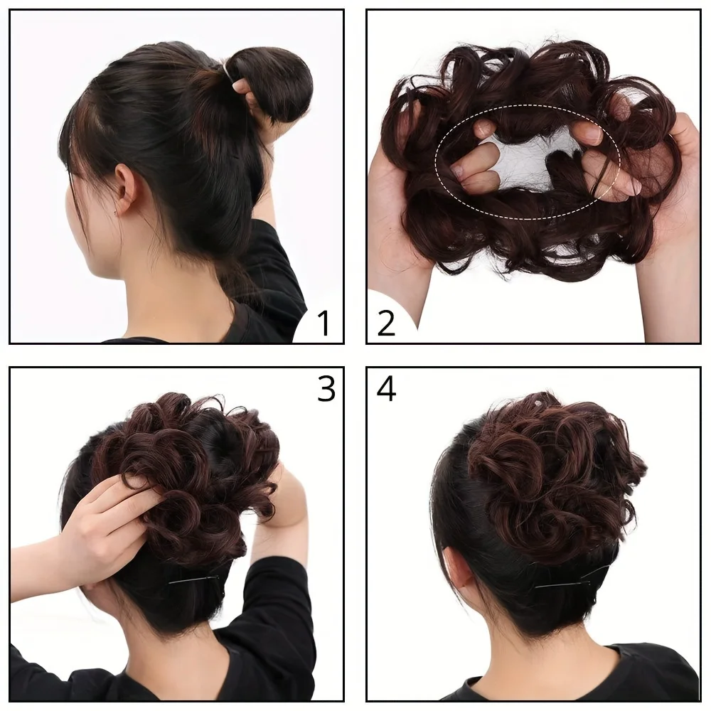 Ondulado e cabelo encaracolado Bun com Scrunchies, Chignon Sintético, Bagunçado Donut, Cabelo Bun, Elastic Hair Rope, Uso Diário, Acessórios para o Cabelo, 1PC