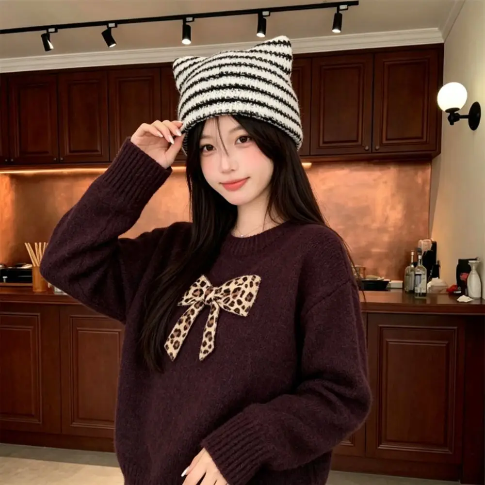 Fashion Y2K Cat Ears Beanie Hats Cute Harajuku Little Devil Cap Crochet Gothic Stripe Knitted Hat Outdoor