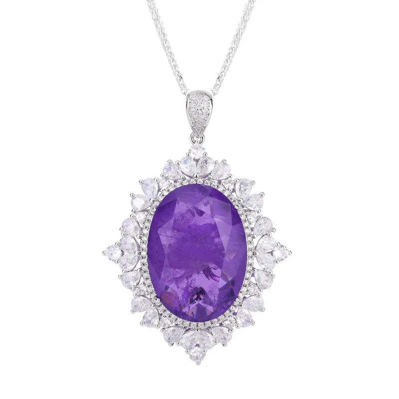 Jewelry Gold Plated European and American Style Colored Gems Dignified Pendant Necklace Big Denier Shape 18*25