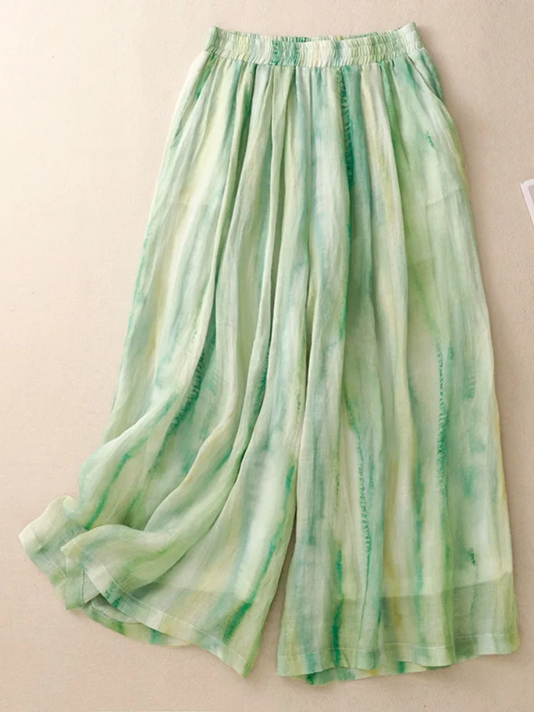 een Floral Print Wide Leg Pants Women's Cotton Linen Straight Cut Nine Points Summer Elastic Waist Slimming Trousers