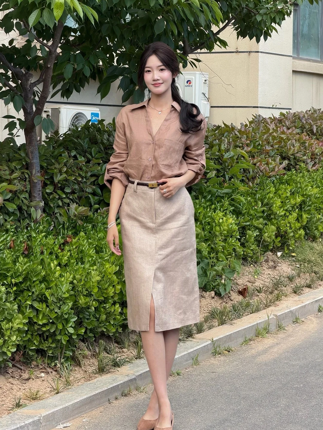 Women's Linen Shirt Skirt Set Casual Commute Side Slit High Waist Midi Skirt Two Piece Outfit Autumn Fashion Ensemble