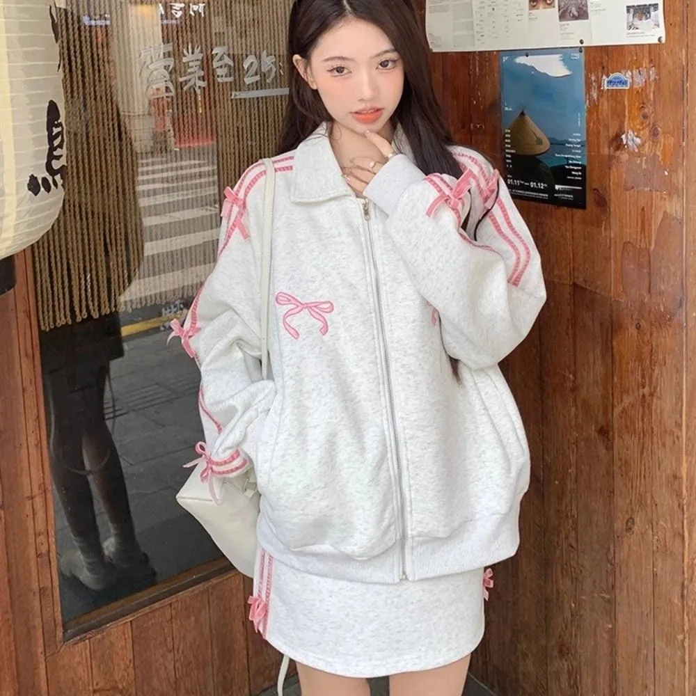 

Модная толстовка с отложным воротником, длинными рукавами, капюшоном, свободного кроя, в стиле Y2K, для женщин, корейская одежда, с вышитым бантом, женская куртка