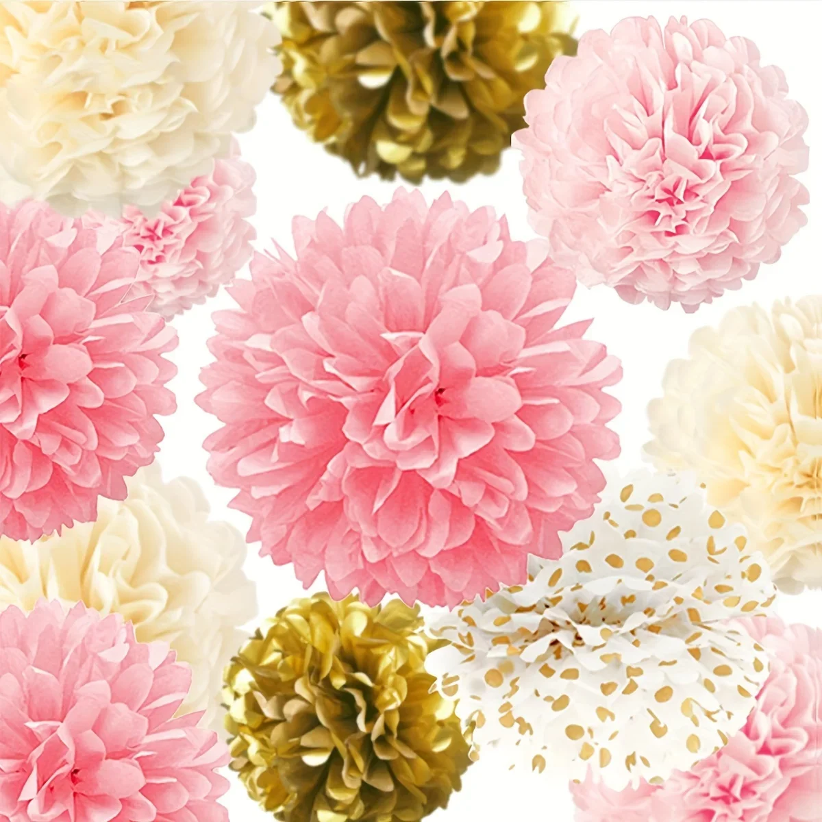 12 Vibrant Pink Gold Paper Pom Poms - Elegant Tissue Flowers for Party Decorations - Ideal for Weddings, Birthdays, and Showers