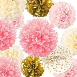12 Vibrant Pink Gold Paper Pom Poms - Elegant Tissue Flowers for Party Decorations - Ideal for Weddings, Birthdays, and Showers