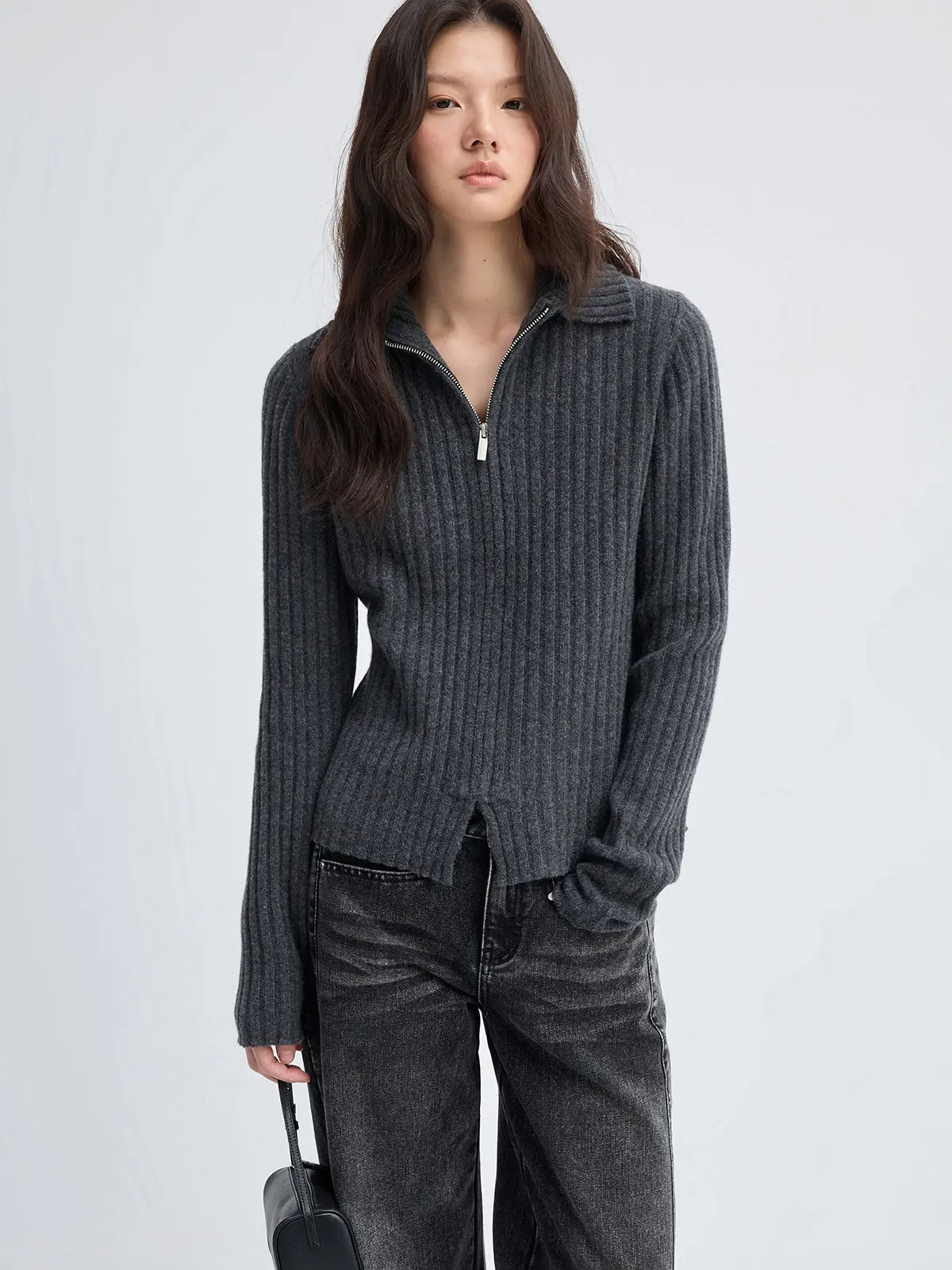 

JUSLIN Full Wool Knitted ort Cardigan Slim Fit Small Collar Zipper Women's Sweater Commute Sle Winter Faion L00