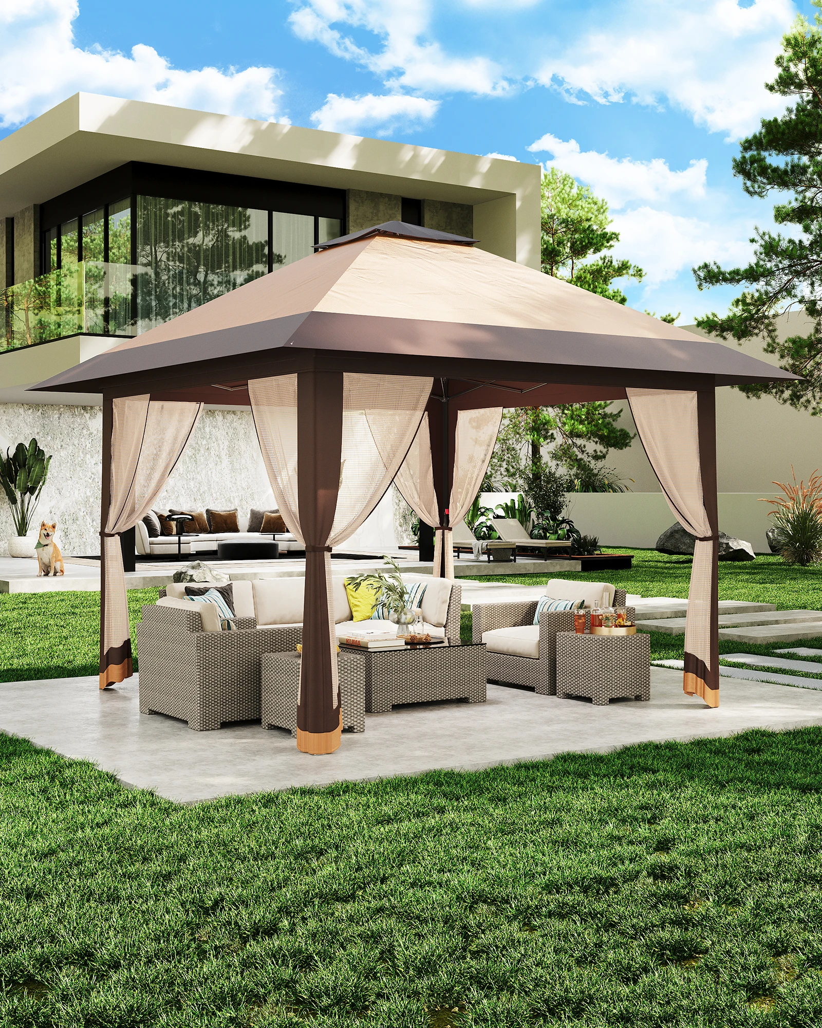 4 x 4 m Schnell Aufbaubares Outdoor-Pavillon-Zelt - Doppelt Belüftetes Wasserdichtes Dach, Verstellbare Höhe, Moskitonetz, Robuster Sonnenschutz für Terrasse, Garten, Partys