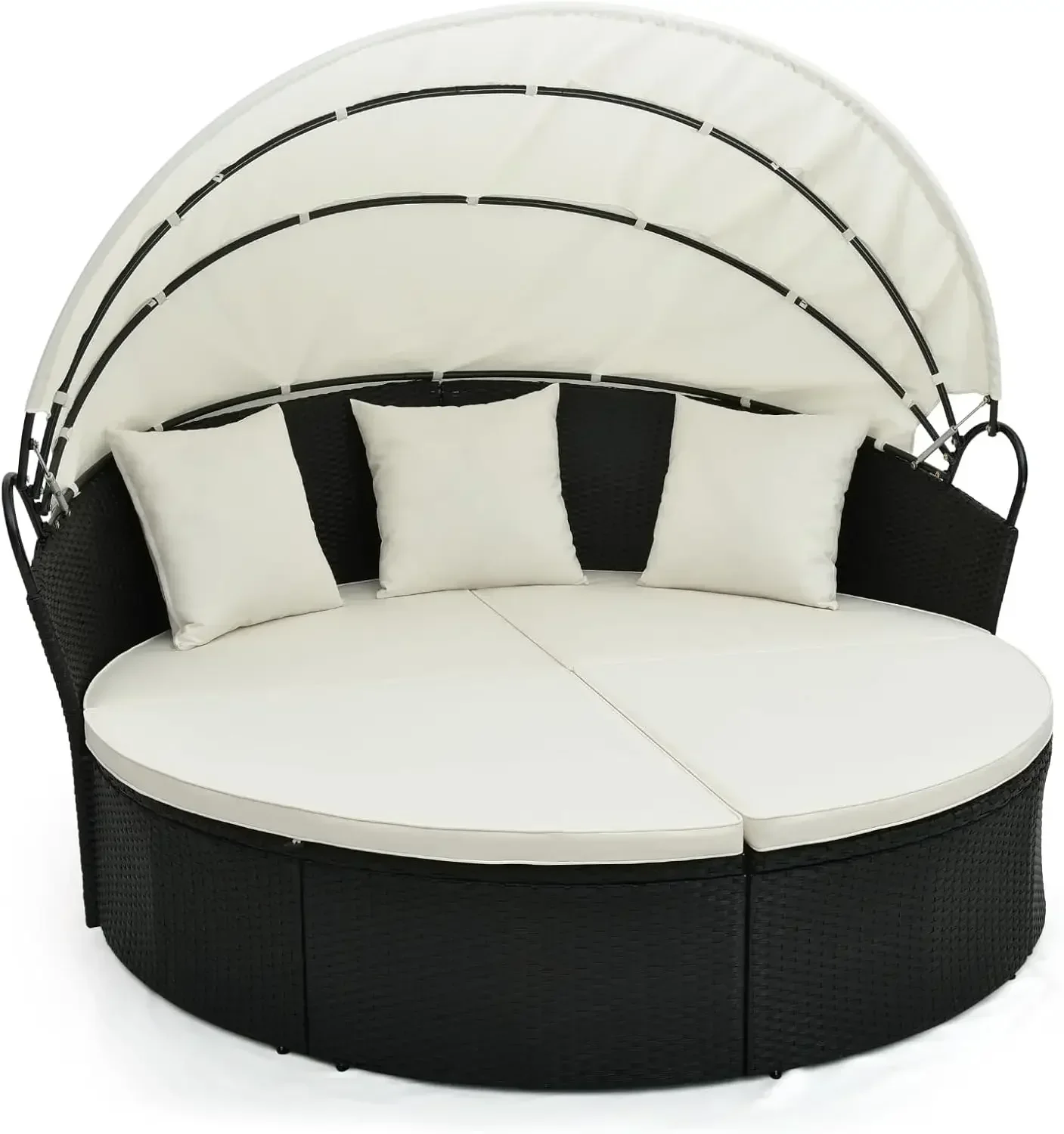 Outdoor Patio Round Daybed with Retractable Canopy,  Throw Pillows, Seating Separates Cushioned Seats for Backyard (Off White)