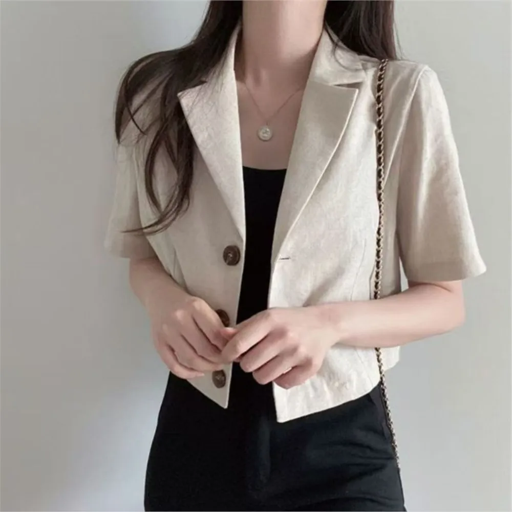 

2026 New Summer Women's Daily Streetwear Korean Style Short Sleeve Blazer Lightweight Solid Color Loose Cropped Blazer Jackets