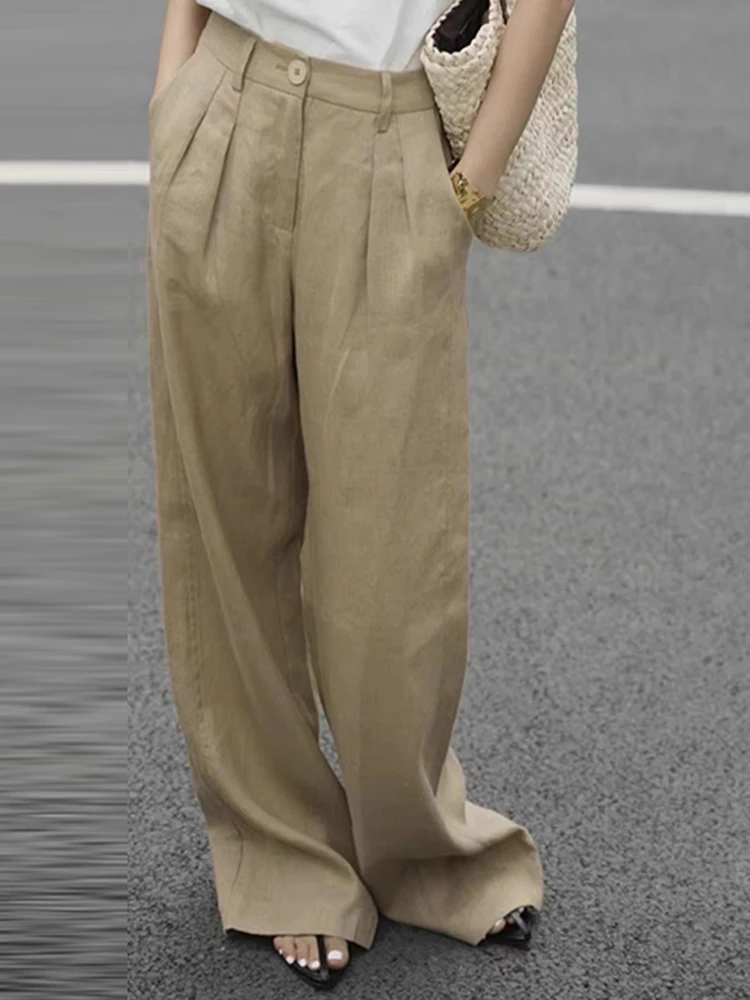 ハイウエストワイドレッグコットンリネンカジュアルパンツロングストレートカットサマースリム万能パンツプラスサイズ女性向け